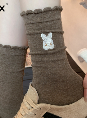 美拉德袜子女春秋纯棉花边中筒袜可爱刺绣咖色月子堆堆袜配勃肯鞋