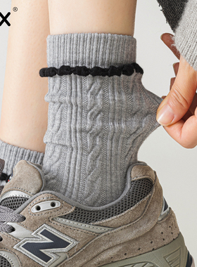 灰色袜子女款秋冬季仿羊毛复古麻花保暖防臭女士纯色长筒堆堆袜