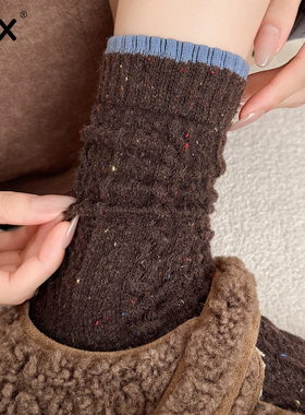 咖色羊毛袜子女秋冬季堆堆袜加厚保暖中筒袜复古美拉德点子纱长袜