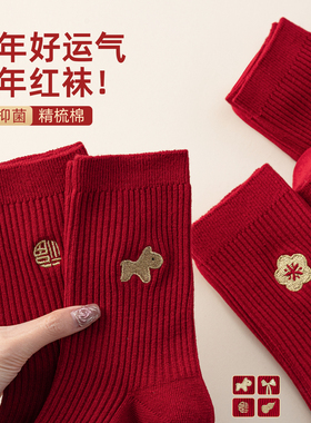 本命年红袜子女纯棉中筒袜秋冬季2026马年可爱刺绣双针情侣新年袜