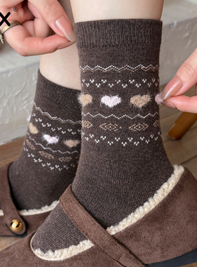 复古费尔岛羊毛袜子女秋冬季中筒袜加绒加厚保暖卡通冬天咖色长袜