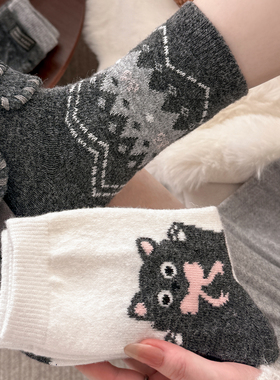 羊毛袜子女秋冬款长袜灰色羊绒加厚保暖灰色小猫堆堆袜中筒袜冬天