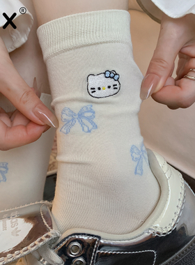 袜子女纯棉无骨中筒袜夏季透气吸汗可爱卡通刺绣春秋款长筒堆堆袜