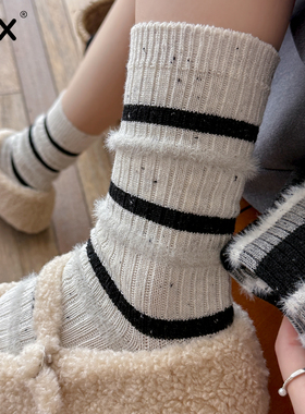羊毛袜子女秋冬季中筒袜撞色条纹保暖堆堆袜日系长袜冬天配勃肯鞋