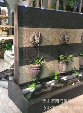 龙头喷水流水墙喷泉水幕墙花岗岩石雕装饰景观摆件公司酒店水景