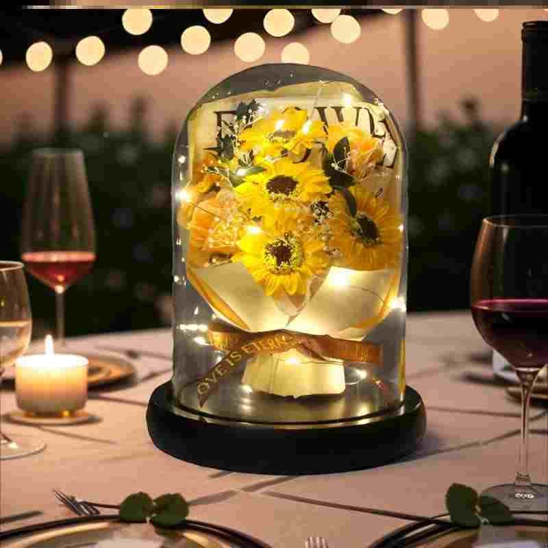 情人节LED灯透明玻璃罩玫瑰永生花摆件 创意生日礼物母亲节康乃馨
