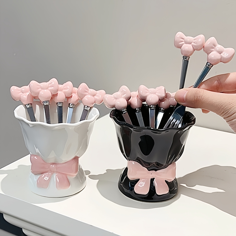 蝴蝶结水果甜品叉收纳罐小叉子茶几罐不锈钢陶瓷客厅家用备婚高级