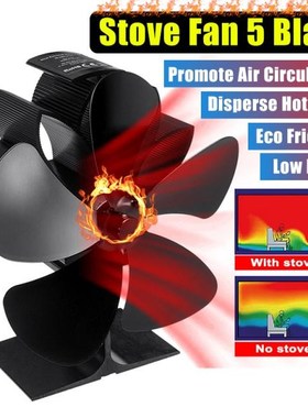 Black 5 Blades Heat Powered Stove Fan Log Wood Burner Eco Fr