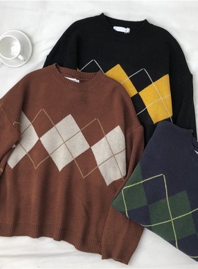 Knitted Sweater Women Argyle Oversize Sweaters Korean Pullov
