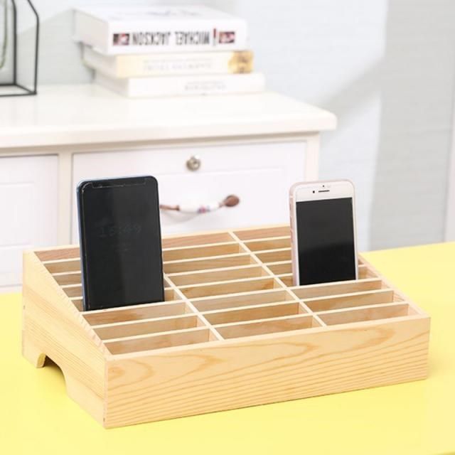 X7YF 24 Cells Multifunctional Wooden Storage Box Mobile Phon
