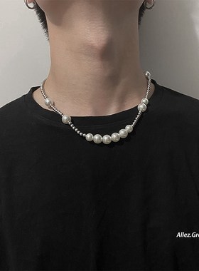 Titanium steel pearl necklace men's trendy hip hop European