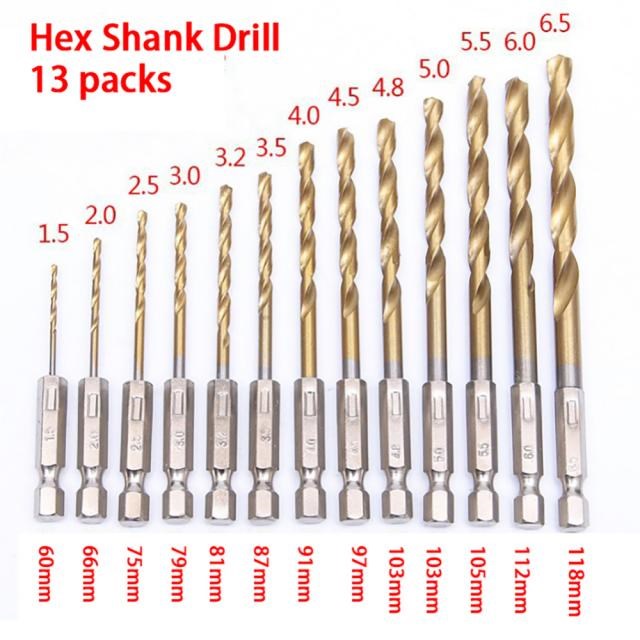 13pcs 1.5-6.5mm 1/4inch Titanium Drill Bit Set Inch Hex Shan