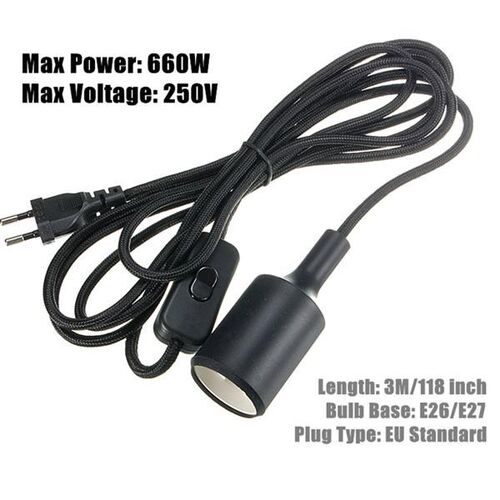 Black/White E27/E26 3Meter Plug In Hanging Lantern Cord Vint