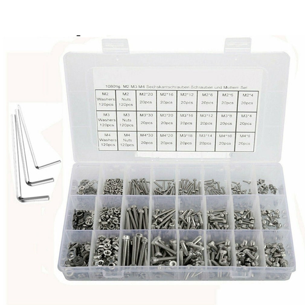 1080PCS M2 M3 M4 Screw Bolts&nuts & Washer Set Hex Head Cap