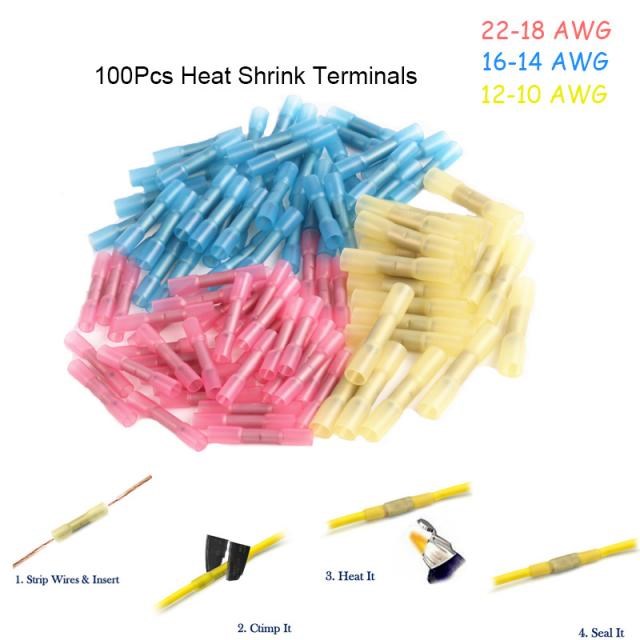 100Pcs/Set Waterproof Heat Shrink Butt 3 Sizes Crimp Termina
