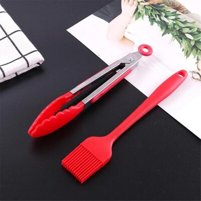 2pcs/ Set BBQ Tongs Basting Brush Silicone Oil Brush Kitchen