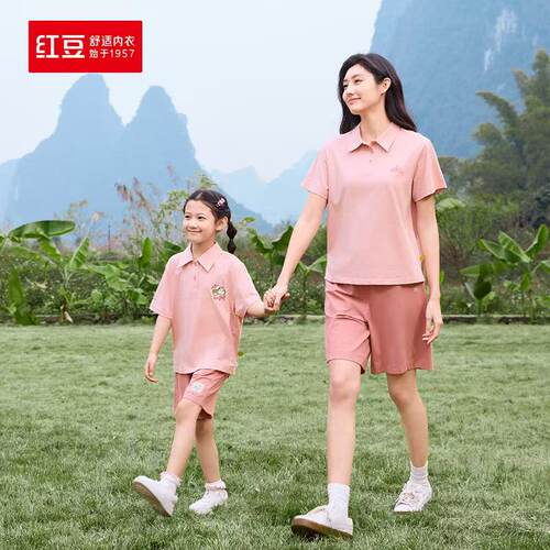 红豆女短袖短裤POLO领睡衣家居服