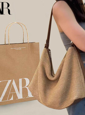 ZAR FENDEN夏日拉菲草编织沙滩单肩包2025新款斜挎手提托特包