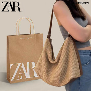 ZAR FENDEN夏日拉菲草编织沙滩单肩包2025新款斜挎手提托特包