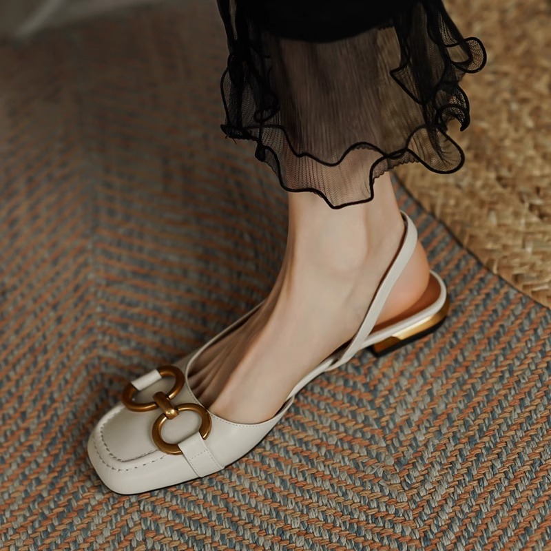 青蕴真皮复古包头凉鞋女低跟夏季新款百搭仙女风方头粗跟后空单鞋,女鞋,时装凉鞋,淘宝优惠券,粉丝福利购,淘宝优惠卷