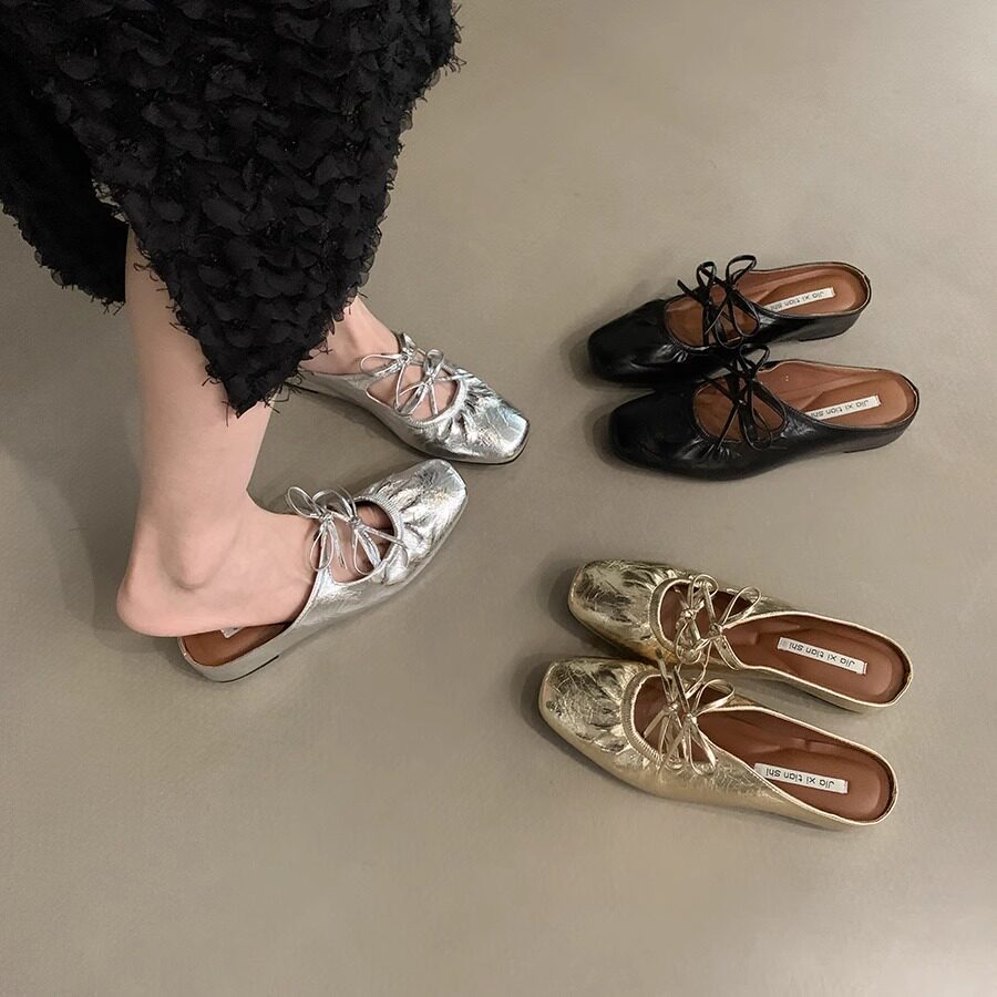 内增高蝴蝶结银色包头半拖女鞋