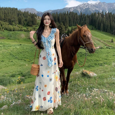 《杜乐丝花园》高级感印花连衣裙女夏季甜美多巴胺海边度假长裙子