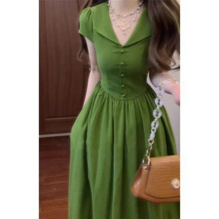 法式巨好看绿色连衣裙子女2025夏季新款独特漂亮掐腰夏日绝美长裙