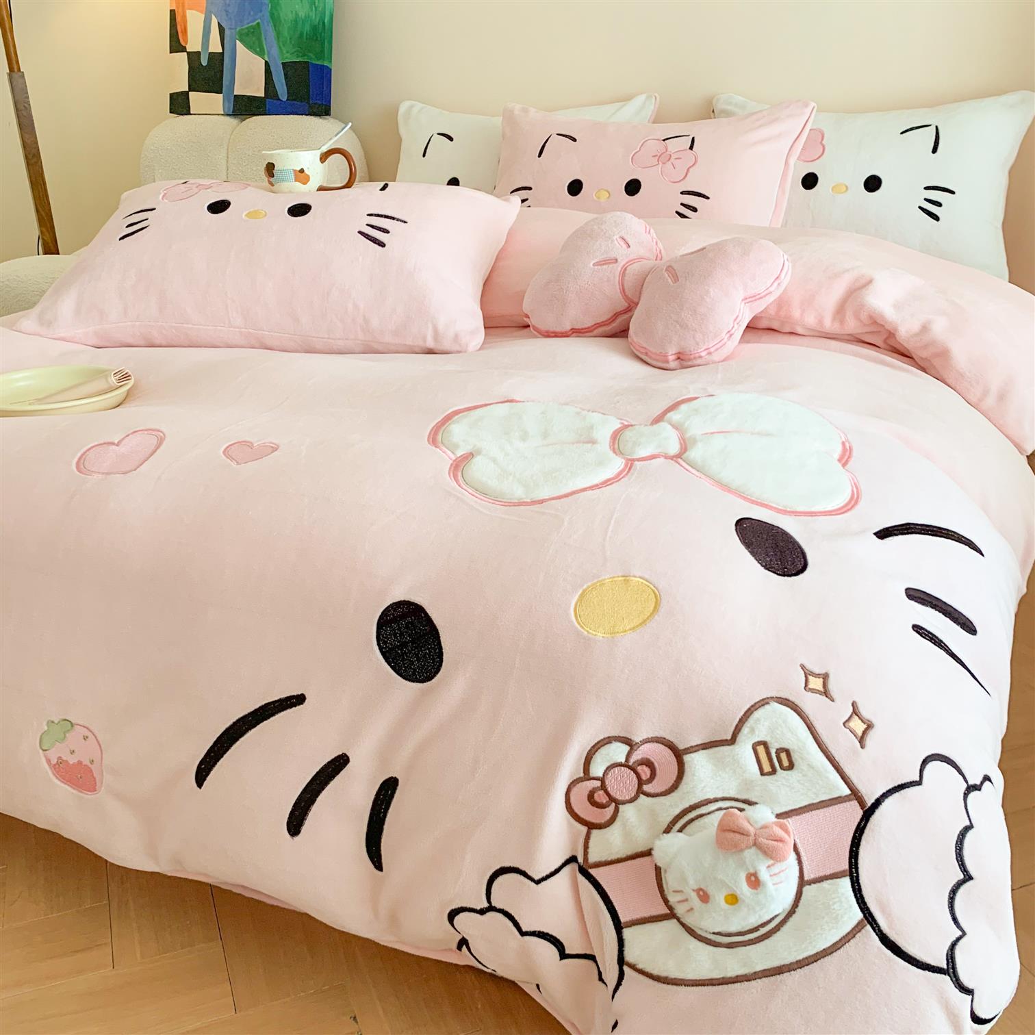 Hellokitty加厚牛奶绒四件套珊瑚绒被套卡通粉色凯蒂猫学生三件套