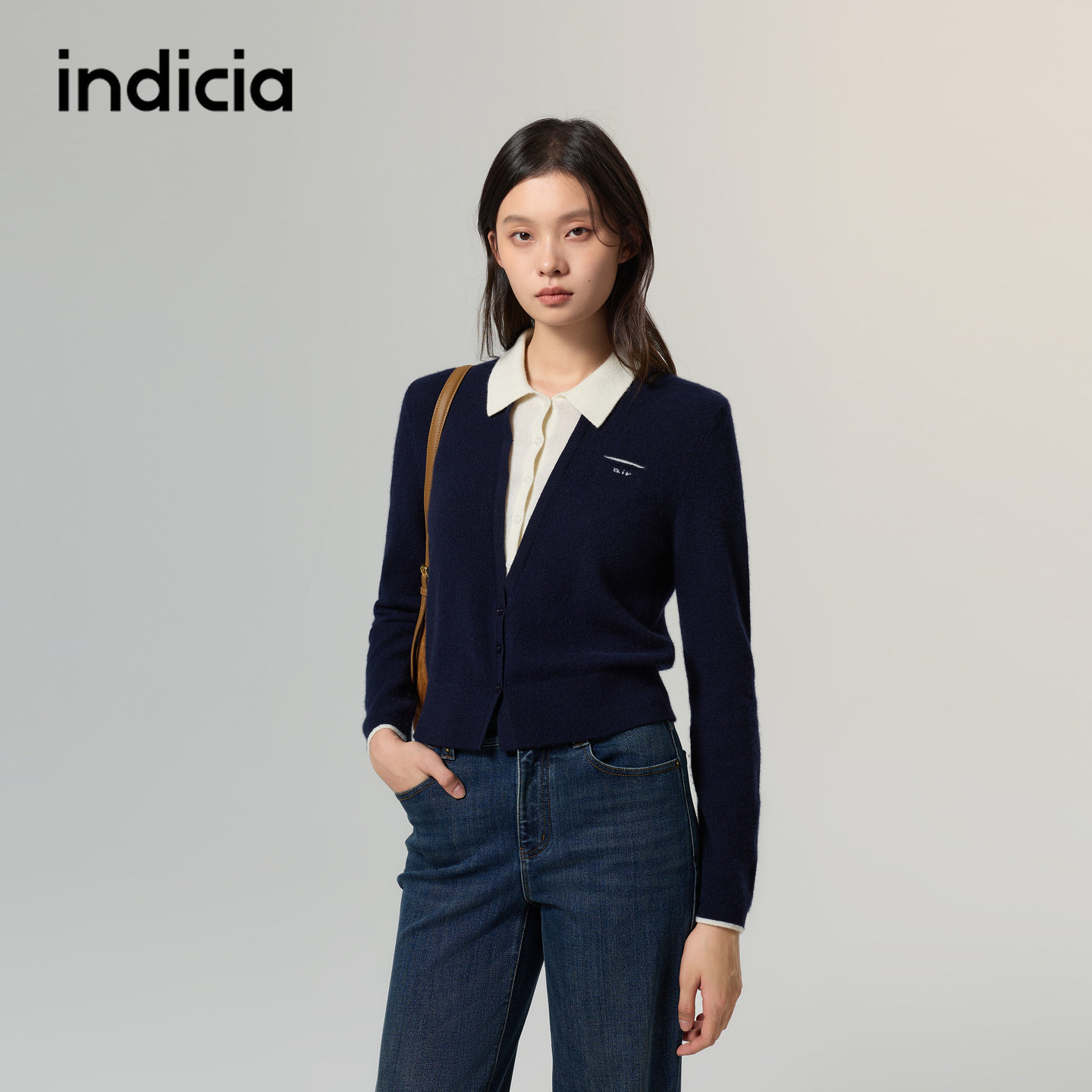 indicia标记商场同款2026冬季新款藏青翻领山羊绒开衫F2D6MS414C
