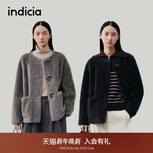 indicia标记羊羔毛短款 L2D5WT259 咖色牛角扣女厚外套2025秋冬新款