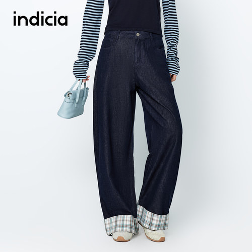 indicia标记格纹撞色设计牛仔裤