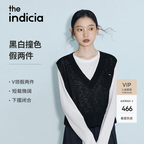 indicia标记2026夏新款极简松弛风黑白撞色假两件针织衫L2B6ZZ056