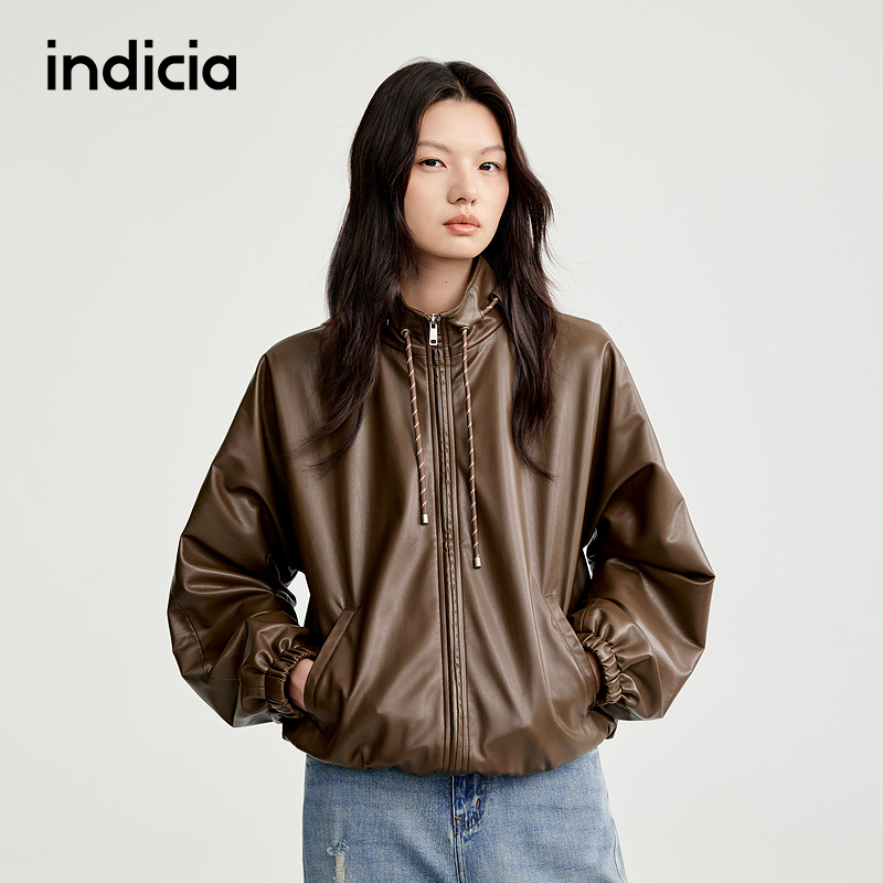 indicia标记棕色复古短裤皮衣