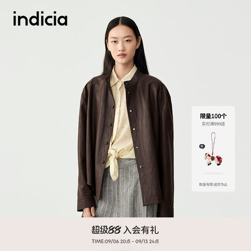 indicia标记商场同款春季新款宽松巧克力棕色皮衣夹克F2C5PY380F
