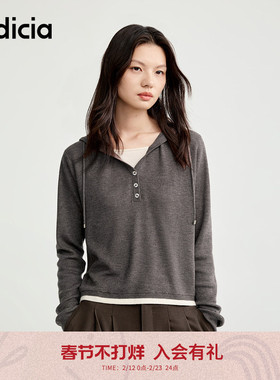 indicia标记2025春新款简约咖色假两件慵懒风连帽针织衫L2C5ZZ158
