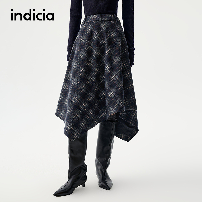 indicia标记2025冬季新款灵动不规则裙摆艺术感格纹半裙L2D5QZ256