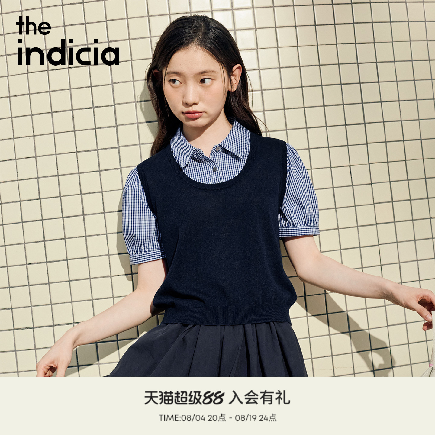 the indicia标记2026夏新款复古学院风假两件格纹衬衫 L2B6CS112C - 实物图