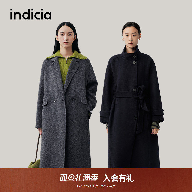 indicia标记长款羊毛毛呢大衣