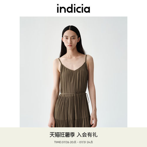 indicia标记商场同款夏季新款褶皱休闲度假吊带连衣裙F2B5LQ263C