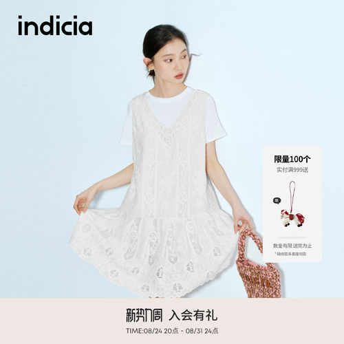indicia标记商场同款夏季新款法式叠穿蕾丝刺绣连衣裙 F2B5LQ280C