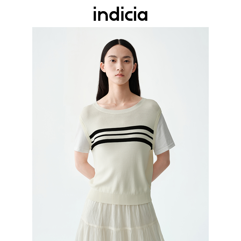 indicia标记假两件撞色针织衫