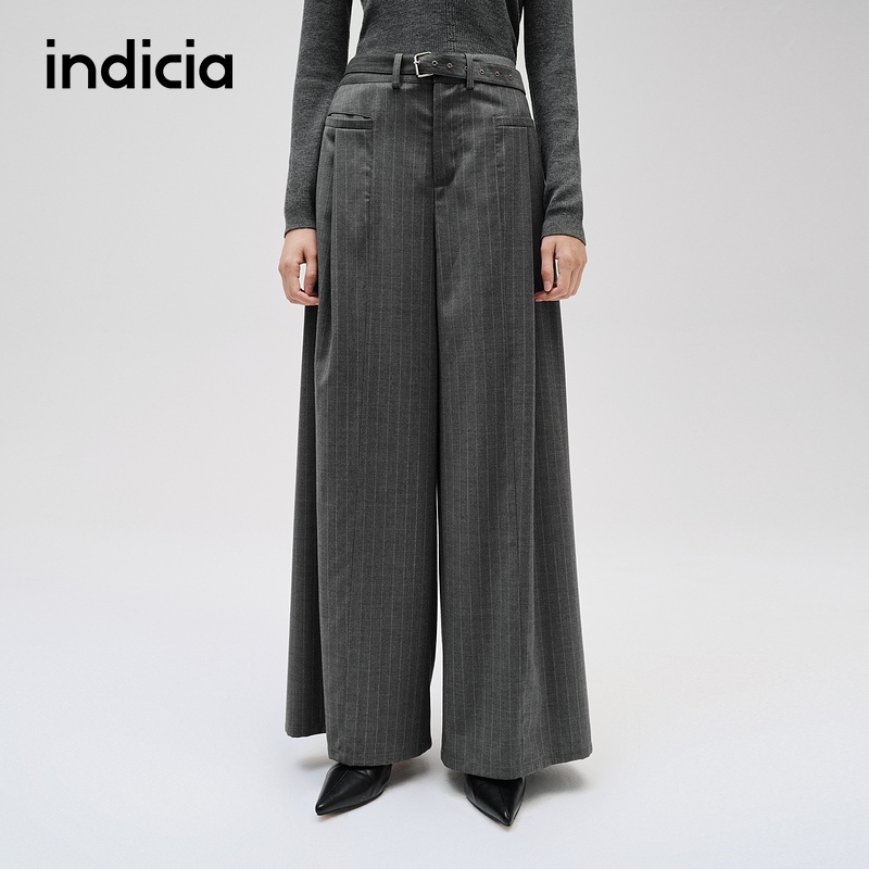 indicia标记格雷风条纹阔腿裤