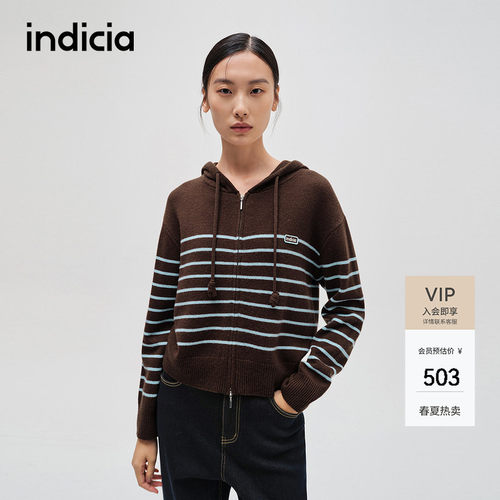 indicia标记韩系条纹慵懒感开衫