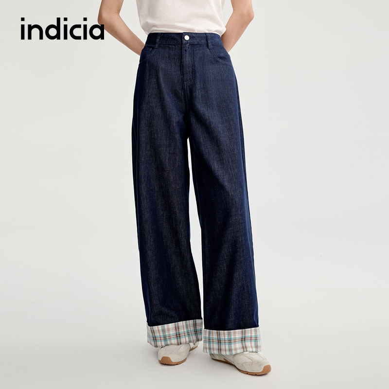 indicia标记格纹撞色设计牛仔裤