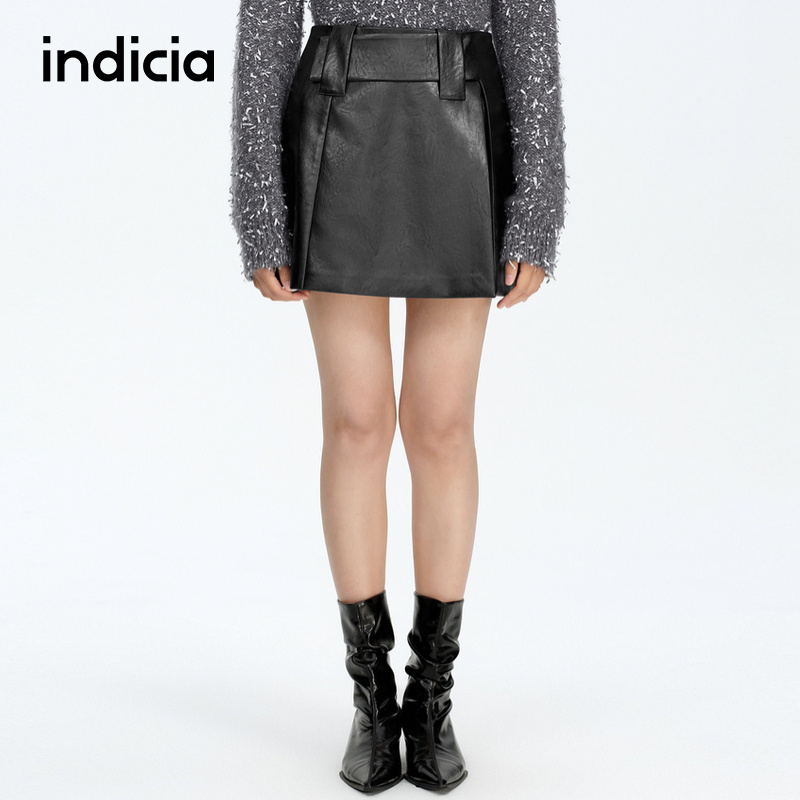 indicia标记商场同款25春新款甜辣复古高腰皮裙短裙F2A5QZ053F