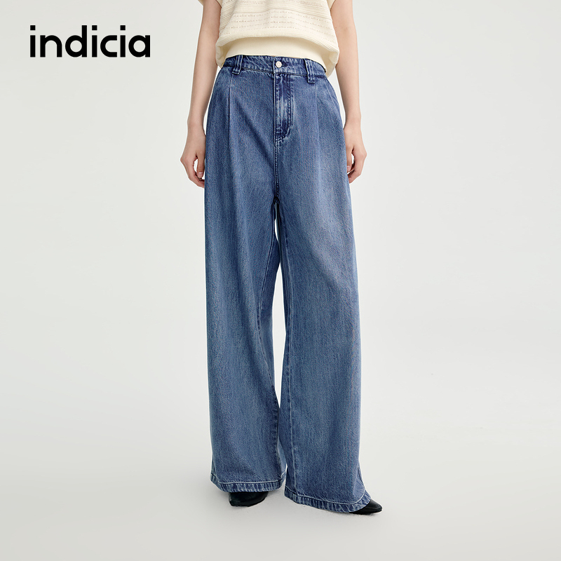 indicia标记美式褶皱宽松牛仔裤