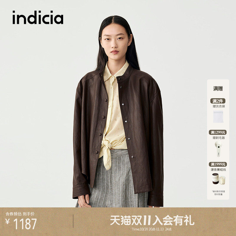 indicia标记商场同款春季新款宽松巧克力棕色皮衣夹克F2C5PY380F