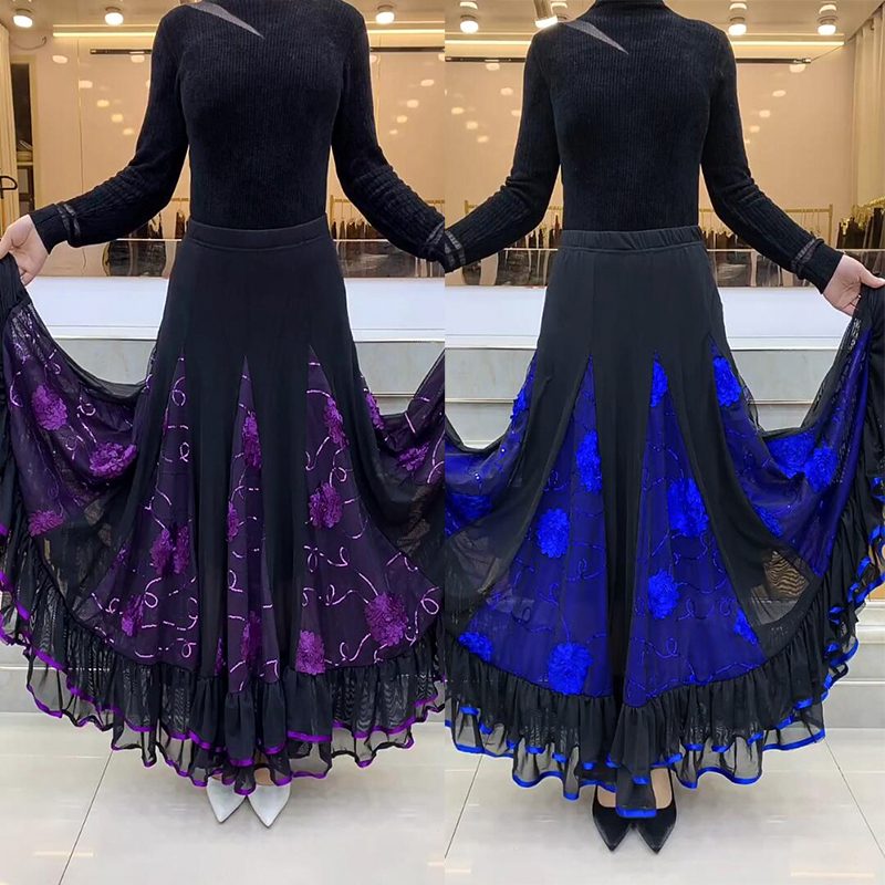 春夏广场舞大摆半身裙女交谊舞绣花雷丝边网红舞蹈妈妈跳舞长裙子