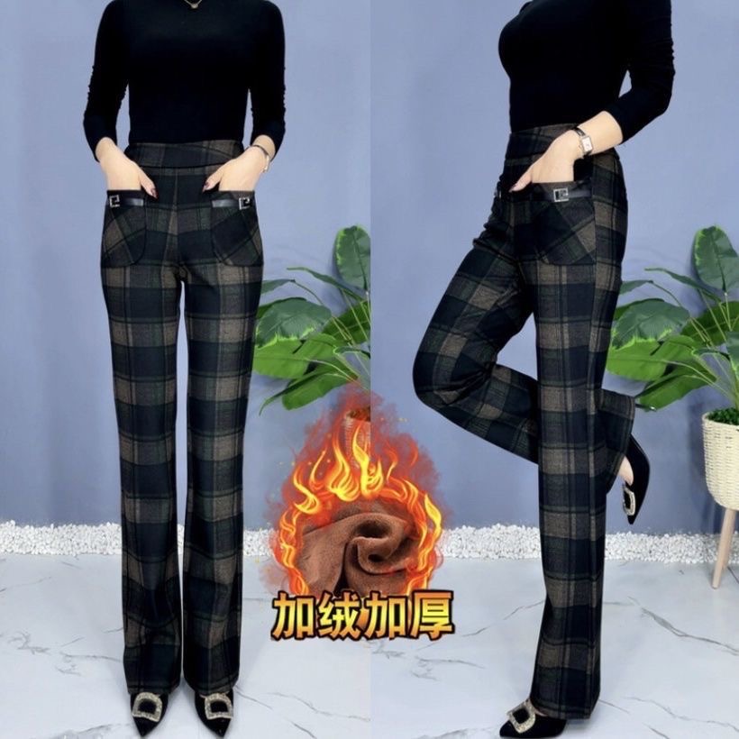 秋冬季竖条微喇裤女格子中老年人妈妈休闲裤加绒厚款大码松紧腰