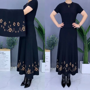 秋冬季 加厚羊毛半身裙女士大摆裙凤尾花妈妈仙女裙针织广场舞长裙